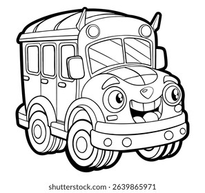 Cute black and white vector illustration of a school bus truck or monster truck, designed for coloring books and educational activities. Perfect for kids, school projects, and creative play.