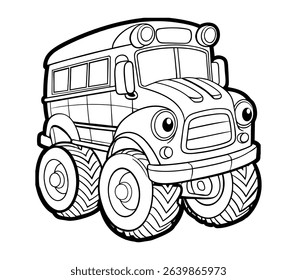Cute black and white vector illustration of a school bus truck or monster truck, designed for coloring books and educational activities. Perfect for kids, school projects, and creative play.
