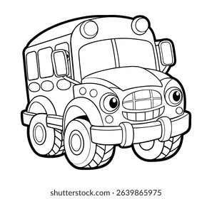 Cute black and white vector illustration of a school bus truck or monster truck, designed for coloring books and educational activities. Perfect for kids, school projects, and creative play.