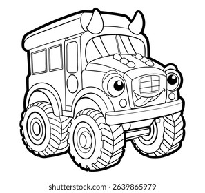 Cute black and white vector illustration of a school bus truck or monster truck, designed for coloring books and educational activities. Perfect for kids, school projects, and creative play.