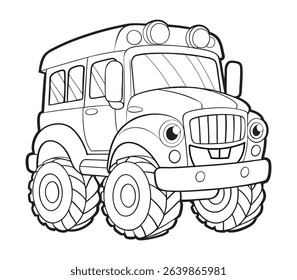 Cute black and white vector illustration of a school bus truck or monster truck, designed for coloring books and educational activities. Perfect for kids, school projects, and creative play.
