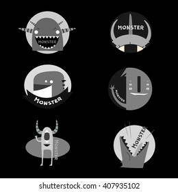 Cute black and white vector monsters set collection