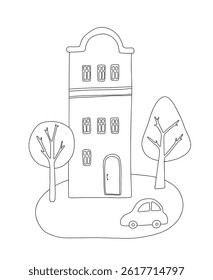 Cute black and white vector of a tall house with trees and a small car. Hand-drawn outline perfect for coloring pages, kids designs, and fun creative projects.
