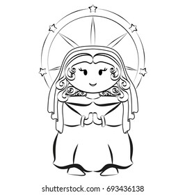 Cute black and white vector of  The Virgin Mary praying in an Aureole. Can be used as a coloring page.