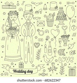 Cute black and white wedding doodles with bride and groom cartoon characters vector set