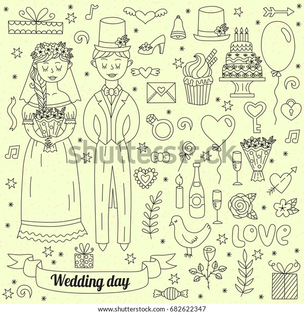 Cute Black White Wedding Doodles Bride Stock Vector Royalty Free
