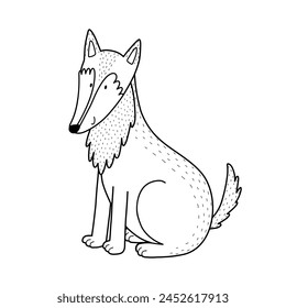 Cute black and white wolf in a sitting position. Forest character in outline for kids design. Woodland animal isolated. Vector illustration