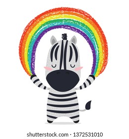 Cute Black And White Zebra Smiles. Kawaii Zebra Holds The Colors Of The Rainbow. Savannah, Africa. Flat Hand Drawn Illustration Kid's Poster. Lazy Cartoon Animal Character Set. CMYK And RGB