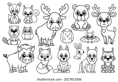 Cute black and white Zoo and forest animals in a cartoon style for laser cut or print
