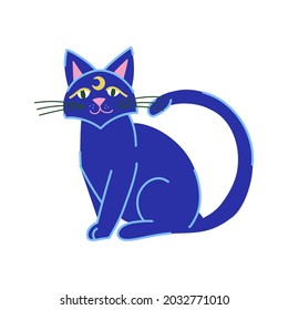 Cute black witch cat with moon.  Illustration for the Happy Halloween