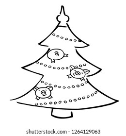 cute black and wite piggy and fir tree