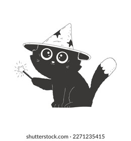 Cute black wizard cat vector cartoon character isolated on a white background.