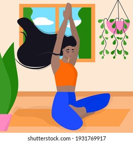 Cute black woman yoga at home vector background illustration