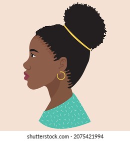 Cute black woman. Young African American. Portrait of young woman with beautiful face and hairstyle. Side view. Isolated