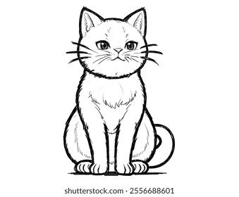 A cute black-and-white comic-style sketch of a seated cat, drawn with bold and clean lines. Perfect for children’s illustrations, graphic design, and creative projects.