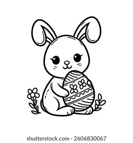 A cute black-and-white line drawing of an Easter bunny holding a decorated Easter egg