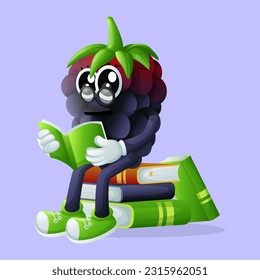Cute blackberry character wearing glasses and reading a book. Perfect for kids, merchandise and sticker, banner promotion or blog
