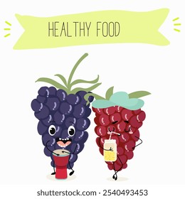 Cute  blackberry characters, funny fruits, berries, different activities. Flat vector illustration. Organic food, healthy food, illustrations for kids menu, invitations.