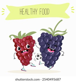 Cute  blackberry characters, funny fruits, berries, different activities. Flat vector illustration. Organic food, healthy food, illustrations for kids menu, invitations.