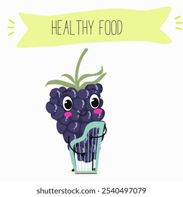 Cute  blackberry characters, funny fruits, berries, different activities. Flat vector illustration. Organic food, healthy food, illustrations for kids menu, invitations.