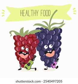 Cute  blackberry characters, funny fruits, berries, different activities. Flat vector illustration. Organic food, healthy food, illustrations for kids menu, invitations.
