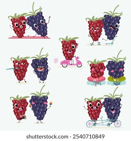 Cute  blackberry characters set, funny fruits, berries, different activities. Flat vector illustration. Organic food, healthy food, illustrations for kids menu, invitations.