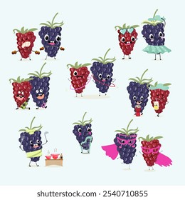 Cute  blackberry characters set, funny fruits, berries, different activities. Flat vector illustration. Organic food, healthy food, illustrations for kids menu, invitations.