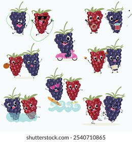 Cute  blackberry characters set, funny fruits, berries, different activities. Flat vector illustration. Organic food, healthy food, illustrations for kids menu, invitations.