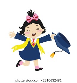 A Cute black-haired little girl with blue toga dress running happily on her graduation day on white background for kids’ fashion artworks, children books, invitations, graduation cards, posters. 