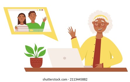 Cute black-skinned grandmother has video call with their grandson and his bride. Vector illustration in a flat style isolated on white background. Online chat, courses, education, technologies for
