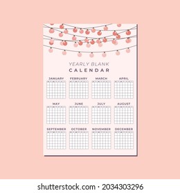 Cute Blank Calendar Vertical Template, Yearly Calendar with Pink Peach Lantern Lamp and Background