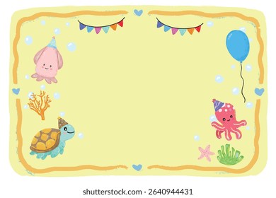 cute blank empty hand drawn yellow pastel colorful sea ocean theme kids birthday party greeting card notes name label memo doodle bunting flag garland crayon watercolor kids illustration design