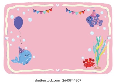 cute blank empty hand drawn pink pastel colorful sea animals ocean theme kids birthday party greeting card notes name label memo doodle bunting flag garland crayon watercolor kids illustration design