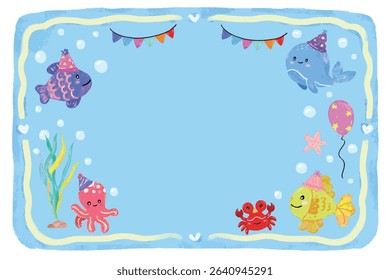 cute blank empty hand drawn blue colorful sea ocean animals theme kids birthday party greeting card notes name label memo doodle bunting flag garland crayon watercolor kids illustration design