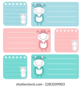 Notas de papel en blanco con dibujos animados. Conjunto de organizadores de estacionamientos. Notas de cuaderno y horario de memo.Pegatinas de planificadores impresas. Para hacer pegajosa lista. Elemento de planificación digital. Ilustración vectorial.