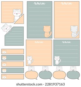 Cute blank paper notes with cat. Stationery organizer set. Scrapbook notes and memo schedule.Printable planner stickers. To Do List sticky. Digital planning element. Vector illustration.