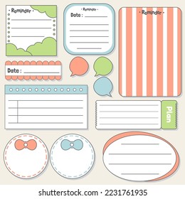 Cute blank paper notes. Stationery organizer set. Scrapbook notes and memo schedule.Printable planner stickers. To Do List sticky note pad. Decorative planning element. Vector illustration.