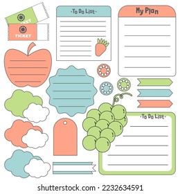 Cute blank paper notes. Stationery organizer set. Scrapbook notes and memo schedule.Printable planner stickers. To Do List sticky note pad. Decorative planning element. Vector illustration.