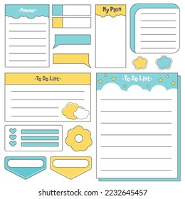 Cute blank paper notes. Stationery organizer set. Scrapbook notes and memo schedule.Printable planner stickers. To Do List sticky note pad. Decorative planning element. Vector illustration.