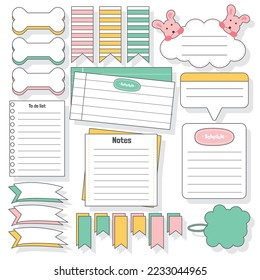 Cute blank paper notes. Stationery organizer set. Scrapbook notes and memo schedule.Printable planner stickers. To Do List sticky note pad. Decorative planning element. Vector illustration.