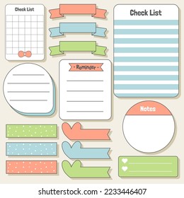 Cute blank paper notes. Stationery organizer set. Scrapbook notes and memo schedule.Printable planner stickers. To Do List sticky note pad. Digital planning element. Vector illustration.