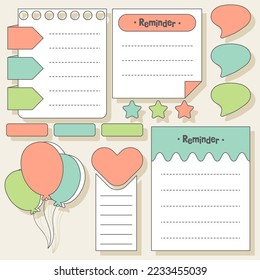 Cute blank paper notes. Stationery organizer set. Scrapbook notes and memo schedule.Printable planner stickers. To Do List sticky note pad. Digital planning element. Vector illustration.