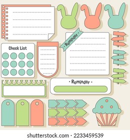 Cute blank paper notes. Stationery organizer set. Scrapbook notes and memo schedule.Printable planner stickers. To Do List sticky note pad. Digital planning element. Vector illustration.