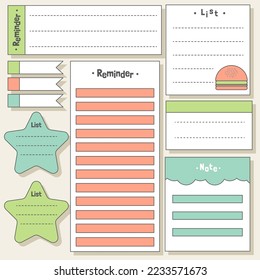 Cute blank paper notes. Stationery organizer set. Scrapbook notes and memo schedule.Printable planner stickers. To Do List sticky note pad. Digital planning element. Vector illustration.