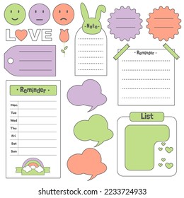 Cute blank paper notes. Stationery organizer set. Scrapbook notes and memo schedule.Printable planner stickers. To Do List sticky note pad. Digital planning element. Vector illustration.