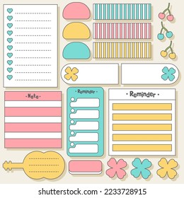 Cute blank paper notes. Stationery organizer set. Scrapbook notes and memo schedule.Printable planner stickers. To Do List sticky note pad. Digital planning element. Vector illustration.