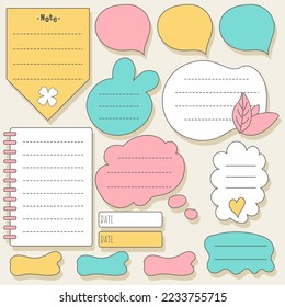 Cute blank paper notes. Stationery organizer set. Scrapbook notes and memo schedule.Printable planner stickers. To Do List sticky note pad. Digital planning element. Vector illustration.