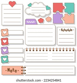 Cute blank paper notes. Stationery organizer set. Scrapbook notes and memo schedule.Printable planner stickers. To Do List sticky note pad. Digital planning element. Vector illustration.