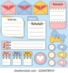 Notas de papel en blanco. Conjunto de organizadores de estacionamientos. Notas de cuaderno y horario de memo.Pegatinas de planificadores impresas. Panel de notas pegajosas de la lista de tareas. Elemento de planificación digital. Ilustración vectorial.