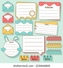 Cute blank paper notes. Stationery organizer set. Scrapbook notes and memo schedule.Printable planner stickers. To Do List sticky note pad. Digital planning element. Vector illustration.